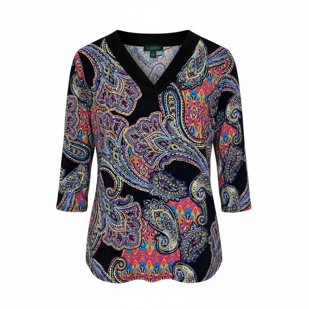 Lauren Ralph Lauren 3/4 Sleeve Paisley Knit Top Womens Size 1X Cotton Linen Boho